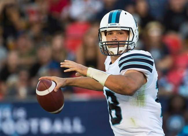 Dan LeFevour throws a pass against the Hamilton Tiger-Cats during a CFL game in Toronto on Sept. 11, 2016. 