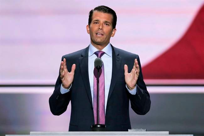 In this July 19, 2016, file photo, Donald Trump Jr., son of Republican presidential candidate Donald Trump, speaks at the Republican National Convention in Cleveland. The younger Trump posted a message on Twitter likening Syrian refugees to a bowl of poisoned Skittles, causing a stir and negative tweets on the internet into Tuesday, Sept. 20. (AP Photo/J. Scott Applewhite, File).
