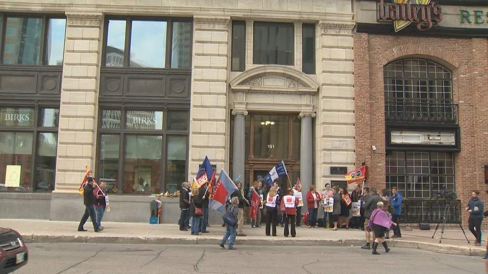 Port of Churchill supporters gather on Lombard Avenue Wednesday as bargaining officials meet with OmniTrax representatives.