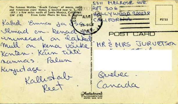The 1969 postcard sent by Reet Jurvetson to her parents.
