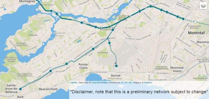 This proposed route, taken from the Caisse de Dépôt's website, shows the light rail line heading through green space in the West Island, Monday September 26, 2016.