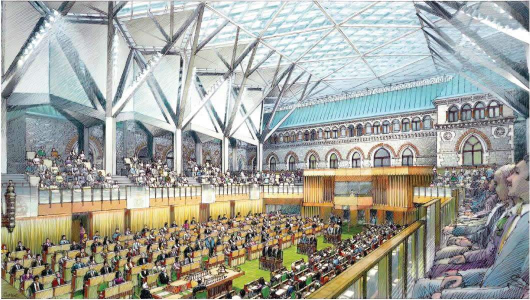 An artist’s rendering of the temporary House of Commons located in West Block. Around 500 workers are on the construction site each day.
