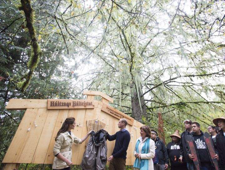 The Duke and Duchess of Cambridge remove a rain jacket to unveil a plaque in the Great Bear rainforest in Bella Bella, B.C., Monday, Sept 26, 2016.