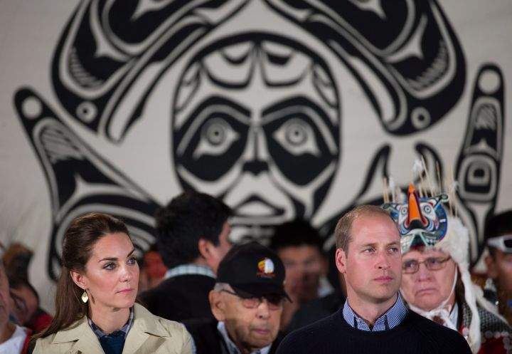 The royals listen during a welcoming ceremony at the Heiltsuk First Nation in the remote community of Bella Bella, B.C., on Monday September 26, 2016.