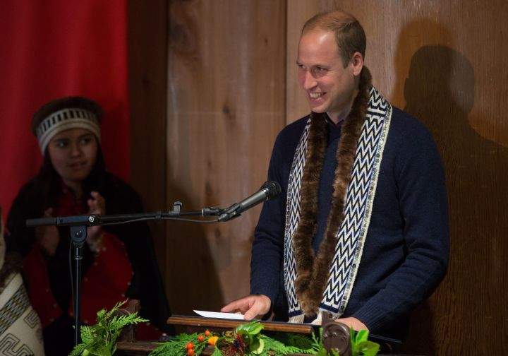 The Duke of Cambridge smiles as the crowd applauds after he spoke a few words in Haida, during a visit to the Haida Heritage Centre and Museum in Haida Gwaii, B.C., on Friday Sept. 30, 2016.