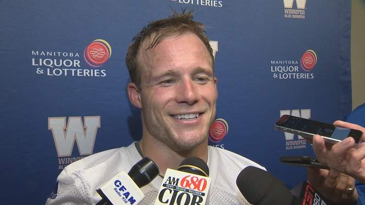 Blue Bombers receiver Ryan Smith speaks with the media after being cleared to play against the Saskatchewan Roughriders.
