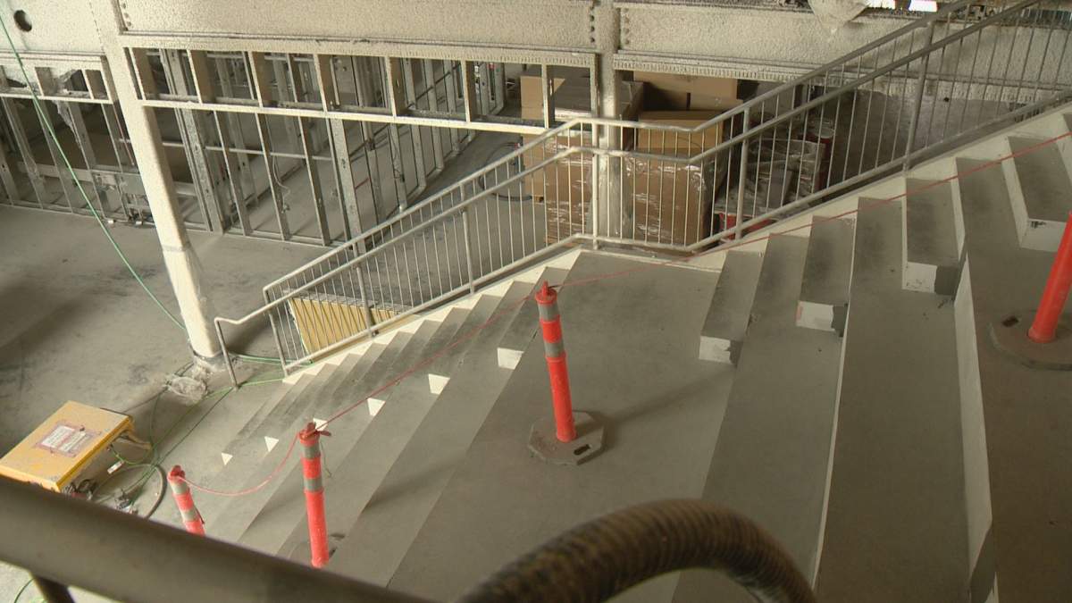 The stairs in the student commons area, which can double as bleachers for presentations and assemblies.