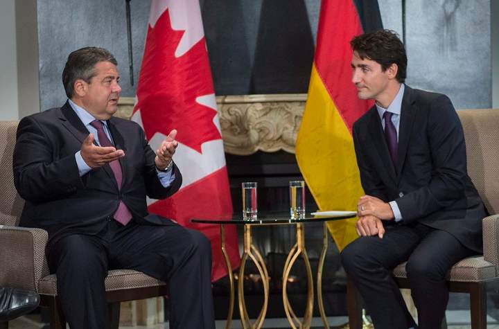 Prime Minister Justin Trudeau meets with Sigmar Gabriel, Minister of Economic Affairs and Energy and Vice Chancellor of the Federal Republic of Germany, at the Global Progress conference Thursday, September 15, 2016 in Montreal. Gabriel says the Eu-Canada trade deal, CETA, will get Germany's approval.