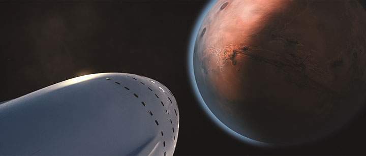 SpaceX’s illustration of its proposed crewed spacecraft approaching Mars.