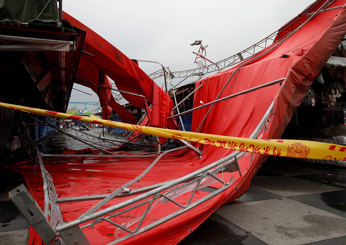 A damaged tent blown over by strong winds from Typhoon Megi in Hualien, eastern Taiwan September 28, 2016.