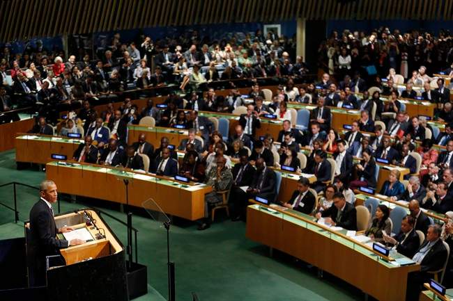 Outgoing U.S. President Barack Obama addresses the United Nations General Assembly at U.N. headquarters on Sept. 20, 2016.