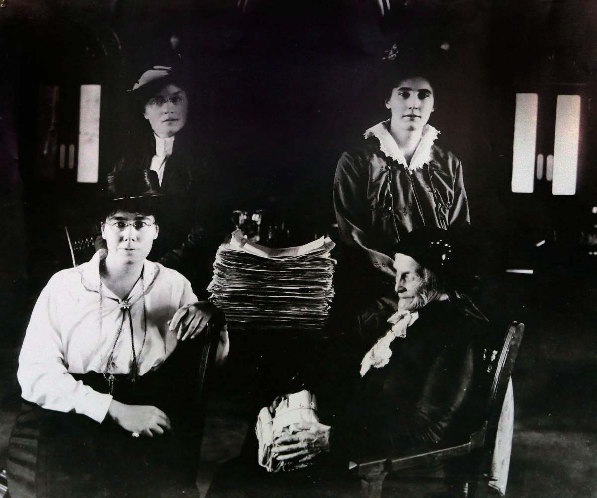 This photo of Lillian Beynon Thomas (back left), Winona Dixon (back right), Dr. Mary Crawford (front left) and Amelia Burrito (front left) who presented the final petition for women’s suffrage on December 23, 1915 to the Manitoba Legislature and other documents related to the passing of a 1916 amendment to the Manitoba Elections Act were on display at the Manitoba Archives in Winnipeg, Saturday, January 9, 2016. The amendment to the Manitoba Elections Act allowing women to vote, the first such legislation in Canada, was passed on January 28, 1916, and celebrates its centenary this year. THE CANADIAN PRESS/John Woods