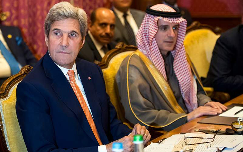 U.S. Secretary of State John Kerry, left, and Saudi Arabia Foreign Minister Adel al-Jubeir, right, attend a bilateral meeting on the crisis in Syria, in Lausanne, Switzerland, Saturday, Oct. 15, 2016. 