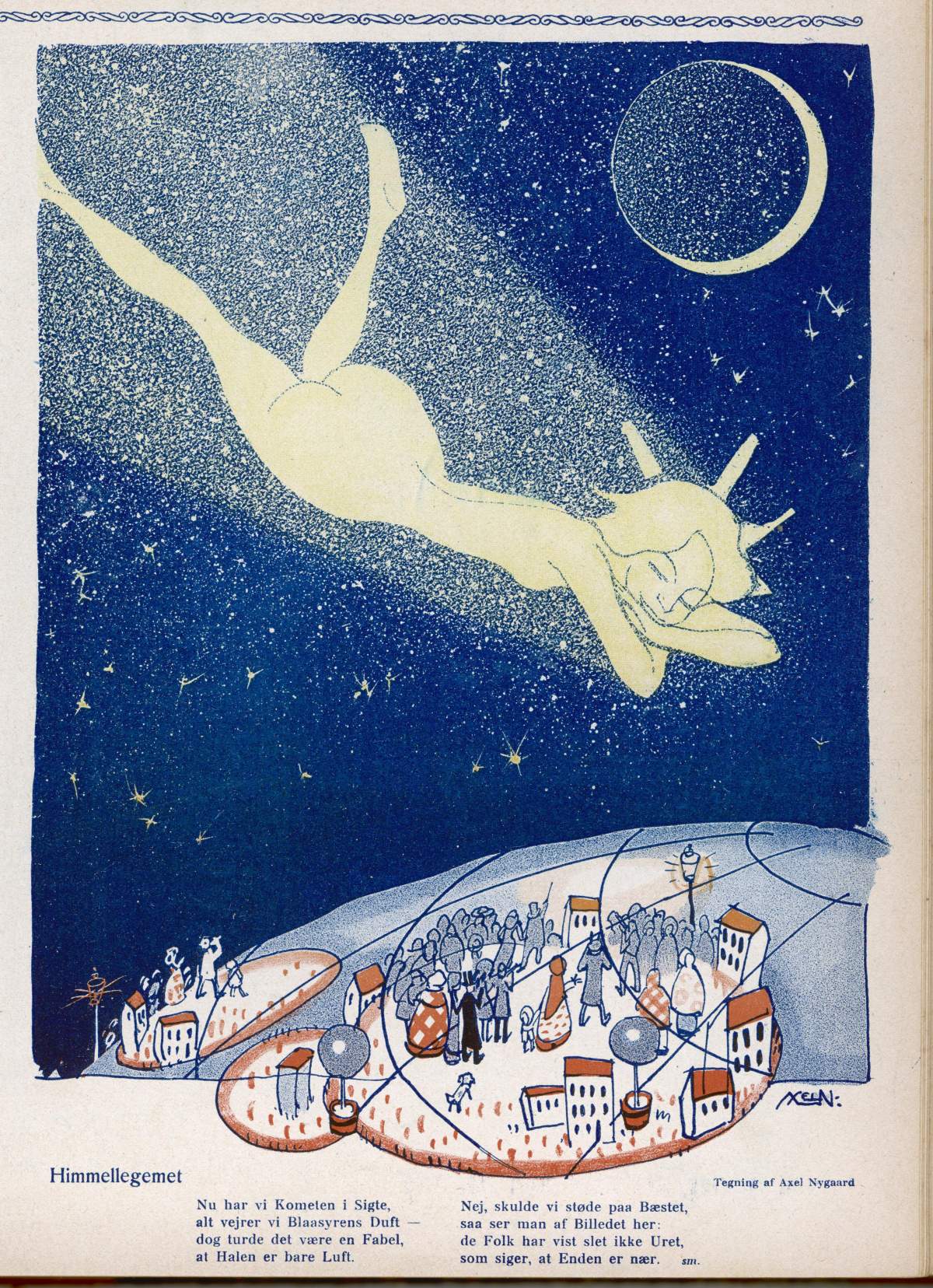 PREMIUM — Halley’s comet soars over Denmark Date: 1910 Source: Axel Nygaard in ‘Klods-Hans’ (Denmark) 13 May 1910 page 693