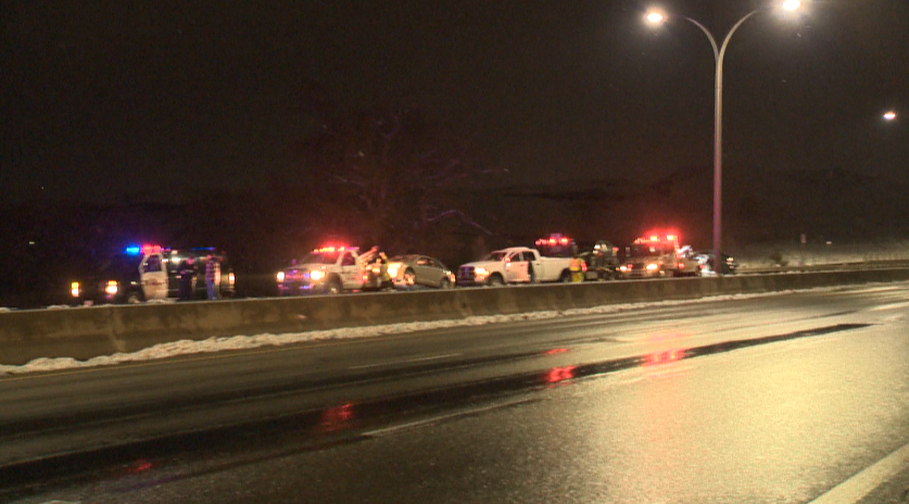 Lethbridge police investigate a five-vehicle crash on Highway 3 by the Old Man River on Monday, October 10, 2016. 