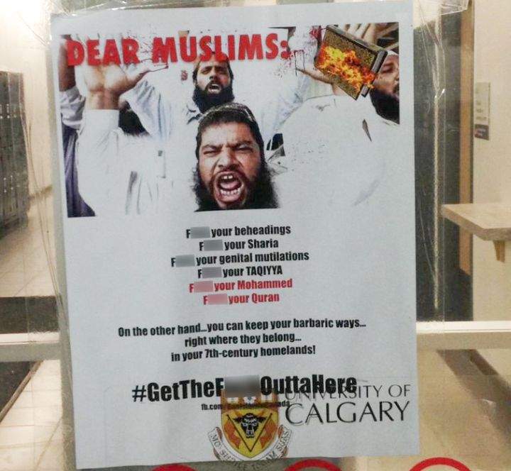 A censored version of one of the anti-Muslim posters removed from the University of Calgary campus Oct. 4, 2016.