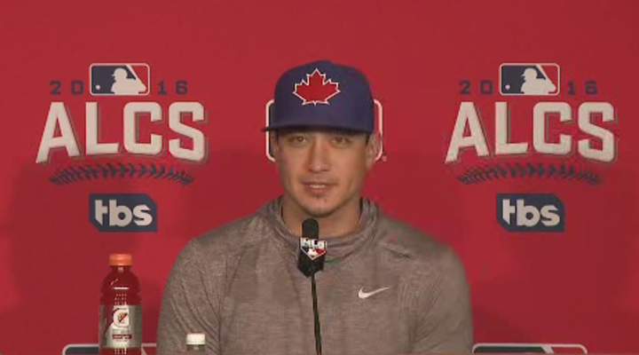 Darwin Barney speaks with the media Saturday before Game 2 of the ALCS.
