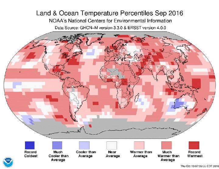 A map illustrating the temperature differences from average across the globe.