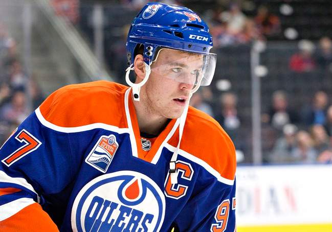 Edmonton Oilers' Connor McDavid (97) skates during warm up before the game against the Winnipeg Jets in Edmonton, Alta., on Thursday October 6, 2016. 