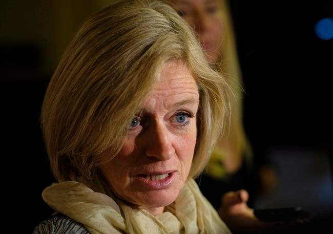Alberta Premier Rachel Notley speaks to reporters at the McDougall Centre in Calgary, Alta., Tuesday, Oct. 4, 2016.