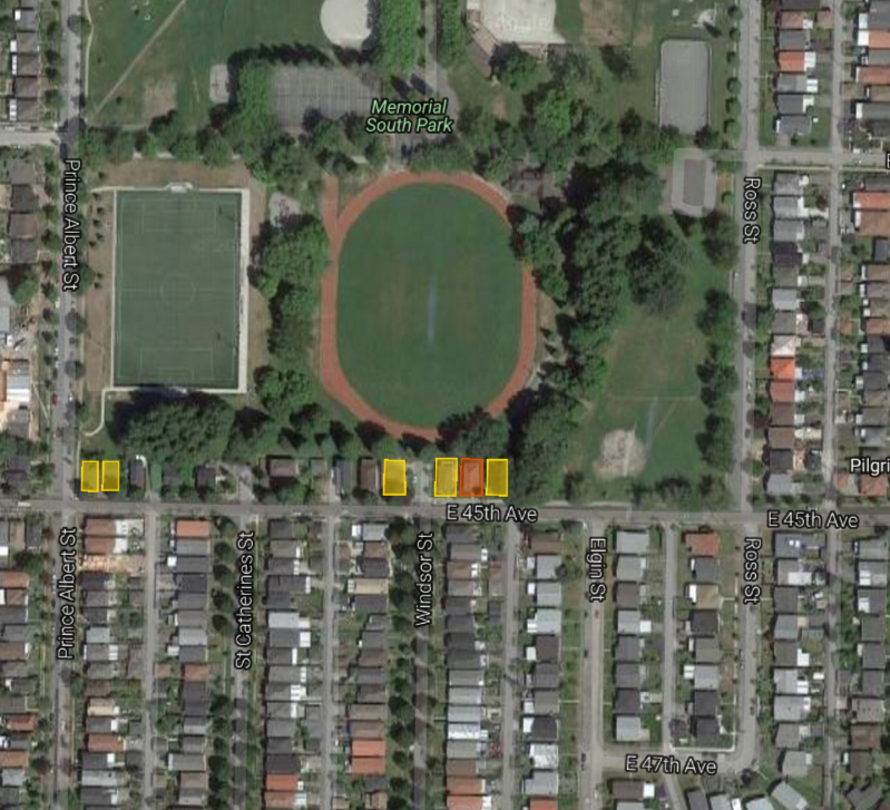 Homes along East 45th Ave. in Vancouver that have been bought and demolished by the City of Vancouver. Yellow properties have already been torn down. The property in red has a sale pending.
