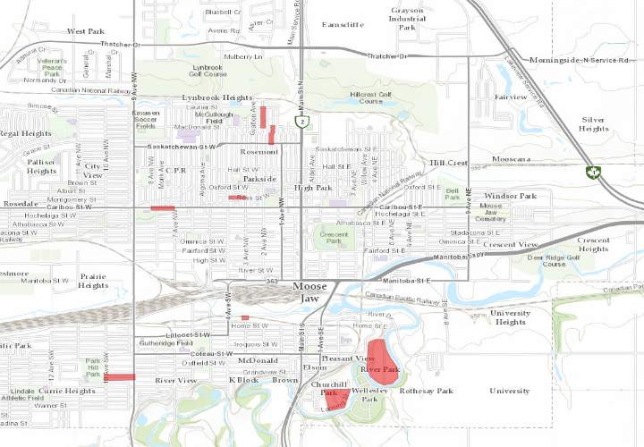 The City of Moose Jaw said Tuesday that seven areas are under a boil water advisory due to recent water main breaks. The areas in red are under the advisory. 