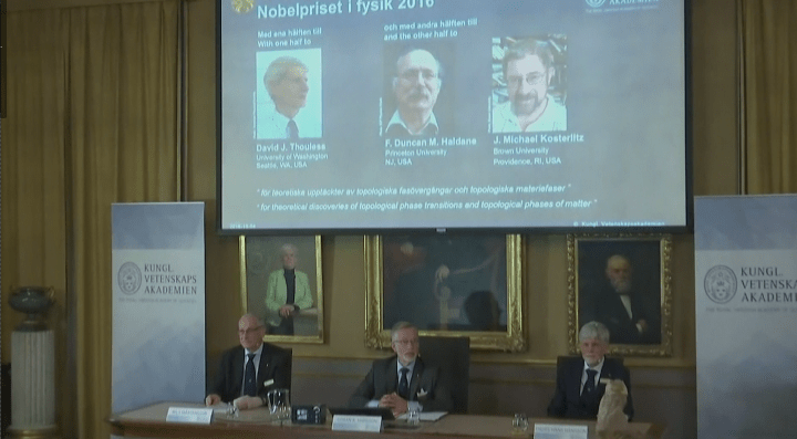 The Nobel Prize in physics was awarded to three scientists in Stockholm, Sweden on Tuesday, Oct. 4, 2016.