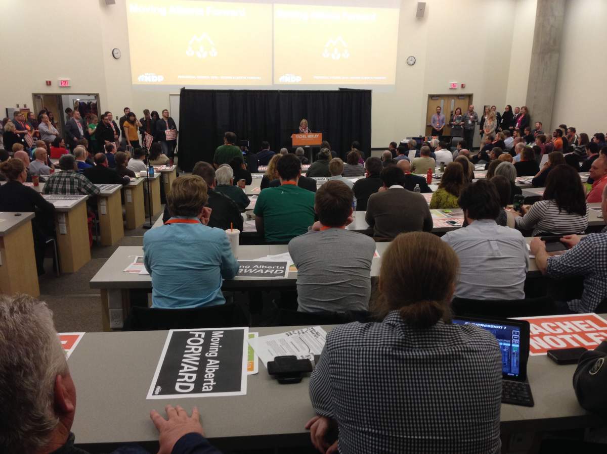 Alberta Premier RAchel Notley speaks to a crowd at MacEwan University, Saturday, Oct. 29, 2016. 
