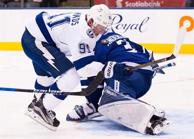 Tampa Bay Lightning centre Steven Stamkos (91) scores past Toronto Maple Leafs goalie Frederik Andersen (31) during first period NHL hockey action in Toronto on Tuesday, October 25, 2016. THE CANADIAN PRESS/Nathan Denette.