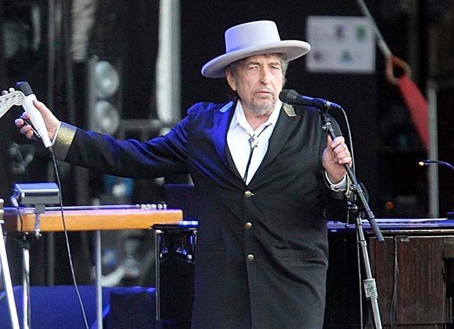 This July 22, 2012, file photo shows U.S. singer-songwriter Bob Dylan performing onstage at "Les Vieilles Charrues" Festival in Carhaix, western France. Dylan won the 2016 Nobel Prize in literature, announced Thursday, Oct. 13, 2016.