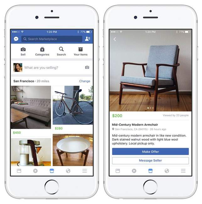 These images provided by Facebook show smartphone screen grabs demonstrating Facebook's new Marketplace tab for buying and selling on the social network. 