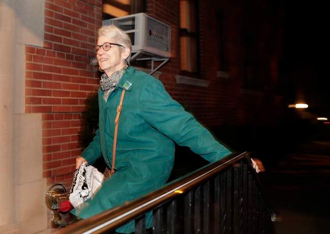 Jessica Leeds arrives at her apartment building, Wednesday, Oct. 12, 2016, in New York.