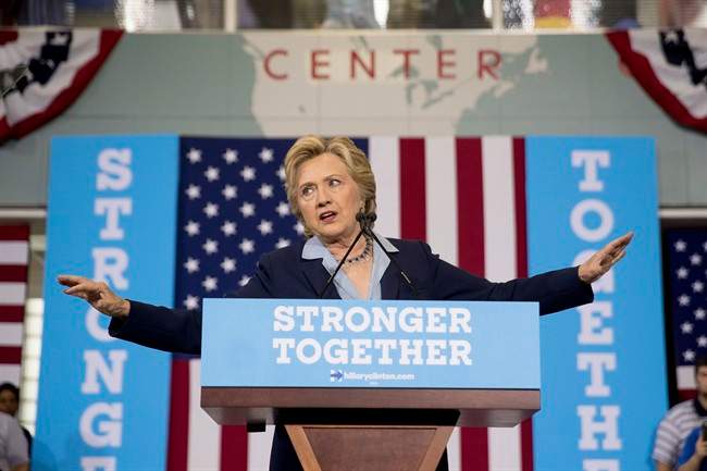 Democratic presidential candidate Hillary Clinton speaks at a rally at the Downtown Toledo Train Station in Toledo, Ohio, Monday, Oct. 3, 2016. 