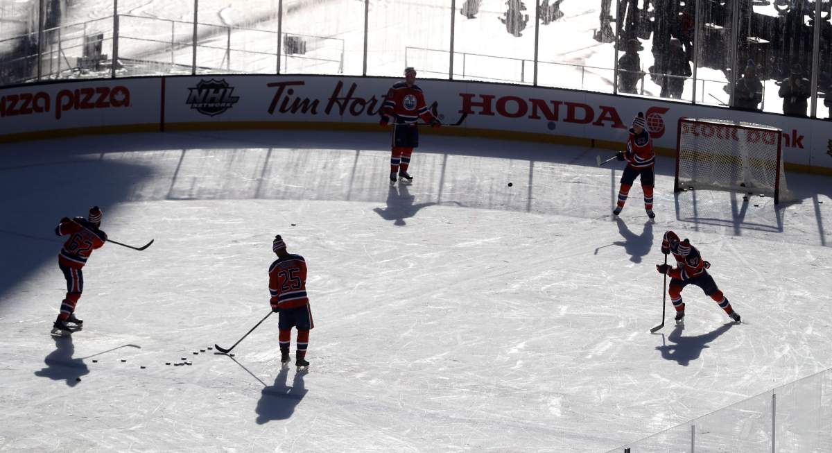 The Edmonton Oilers practice at Investors Group Field prior to tomorrows game against the Winnipeg Jets in the NHL Heritage Classic in Winnipeg, Saturday, October 22, 2016.