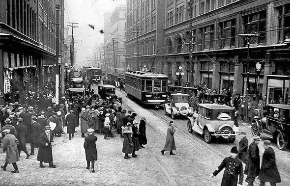 A historic picture of Queen Street in downtown Toronto.