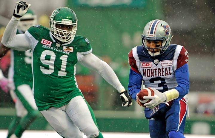 Montreal Alouettes quarterback Vernon Adams Jr. (3) scrambles during first half CFL action against the Saskatchewan Roughriders, in Regina on Saturday.