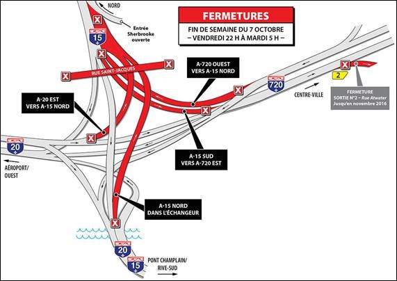 Map shows road closures affecting Turcot Interchange starting Friday, Oct. 7, 2016.