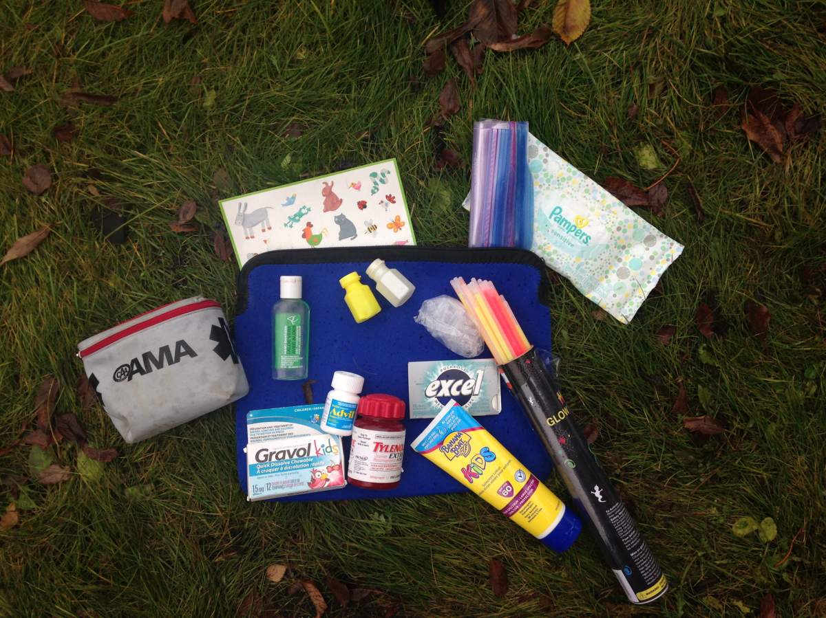 A parent’s road trip “supply bag.”