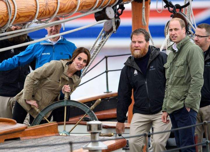 Prince William and Kate on the SALTS ship, greeted by members of the Sail and Life Training Society (SALTS).