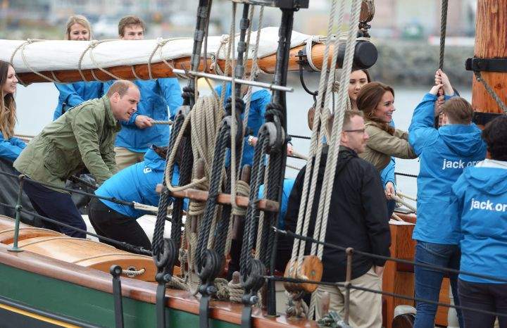 The Duke and Duchess of Cambridge help to raise the sails on a tall ship in Victoria on Saturday, Oct. 1, 2016.