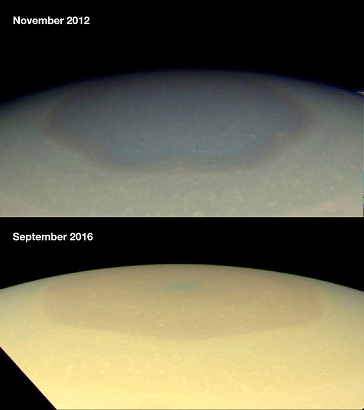 These two natural color images from NASA’s Cassini spacecraft show the changing appearance of Saturn’s north polar region between 2012 and 2016.