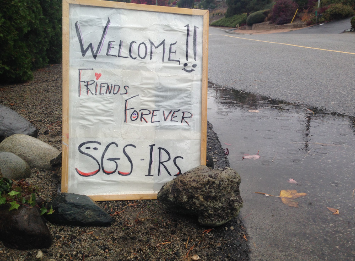 A sign outside June Shackley’s home in West Kelowna. She invited about 50 of her classmates from a Lytton residential school to a reunion this weekend.