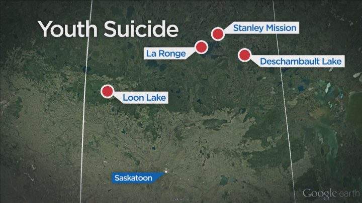 A map display the locations of a recent rash of teen suicides in Saskatchewan