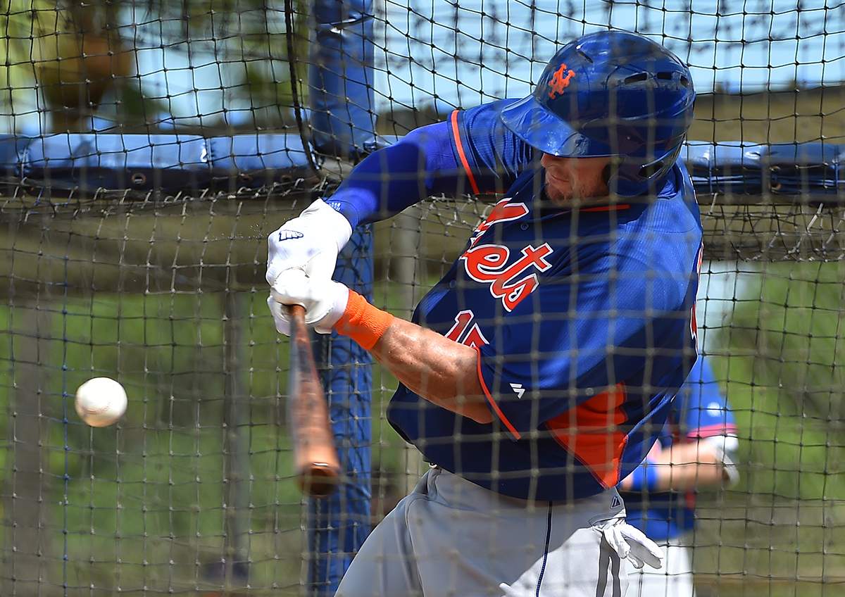 New York Mets outfielder Tim Tebow (15) hits during his workout at the Mets Minor League Complex.