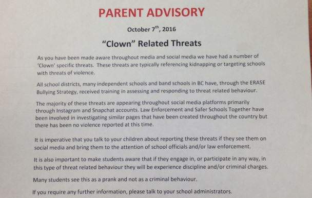 A 'clown related threats' advisory has been sent home with students from school district 67.