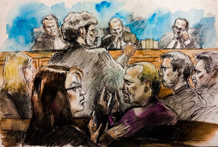 Justices Robert Sharpe and Grant Huscroft (background) and Michael Raffety’s lawyer Paul Calarco (standing, centre) are seen in a Toronto courtroom during the appeal by the convicted killer of eight-year-old Victoria Stafford on Oct. 24, 2016.