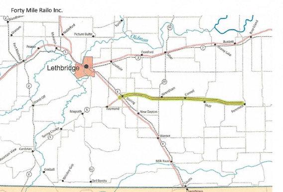 Map of the 72 km short line between Foremost and Stirling, Alberta.