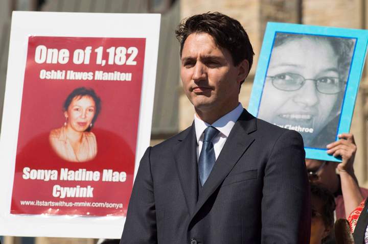 Canadian Prime Minister Justin Trudeau waits to speak at a Missing and Murdered Indigenous Women and Girls rally on Parliament Hill in Ottawa, Tuesday October 4, 2016. THE CANADIAN PRESS/Adrian Wyld