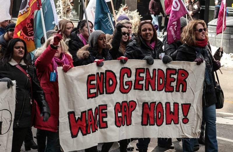 Protesters in Toronto march behind a banner which reads "End Gender Wage Gap Now!".