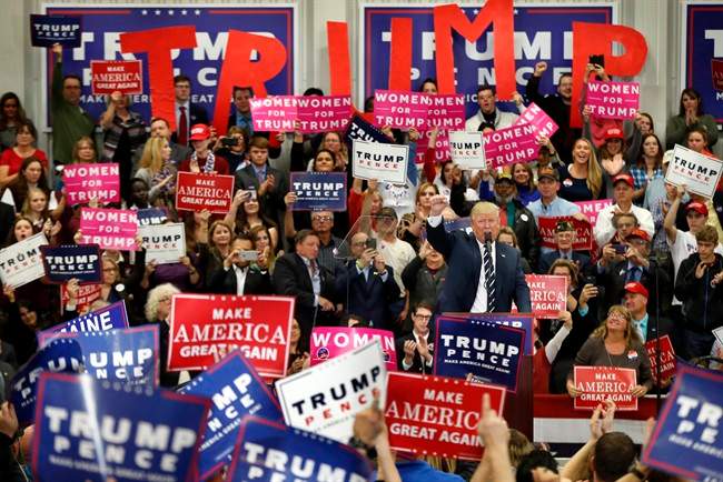 Republican presidential candidate Donald Trump speaks at a campaign rally in Lisbon, Maine in this Oct. 28, 2016 file photo.